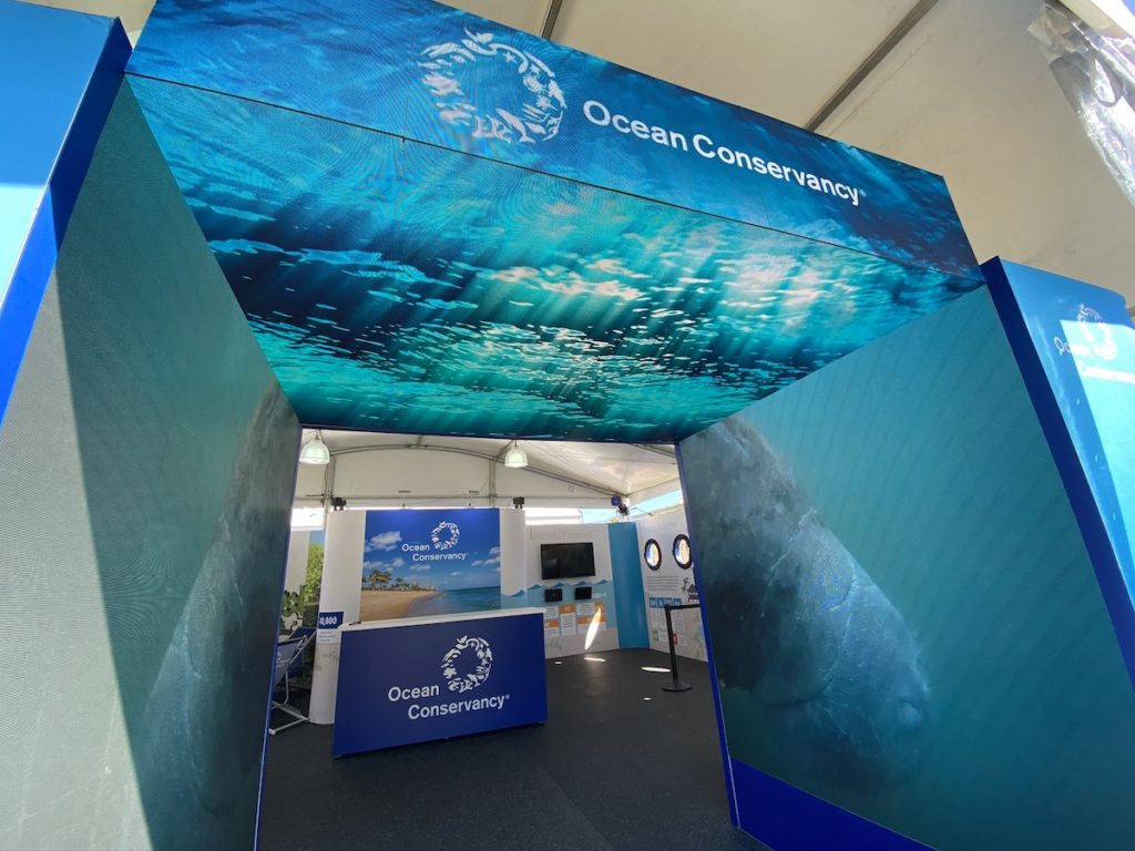 The entry of Ocean Conservancy's Super Bowl LIV booth in Miami.