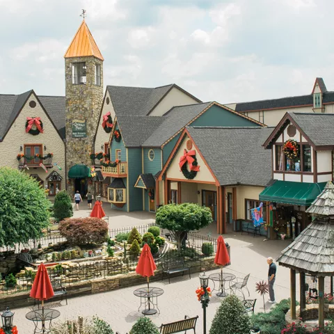 The Incredible Christmas Place courtyard, bell tower, shops