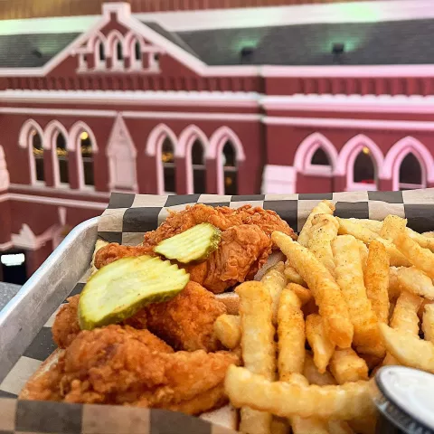 Views of the Ryman and Prince's Hot Chicken at Assembly Food Hall in Nashville