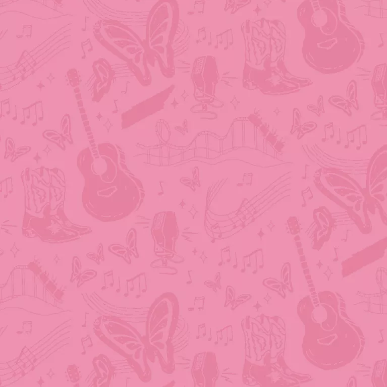 Pink background with guitars, hearts and butterflies.