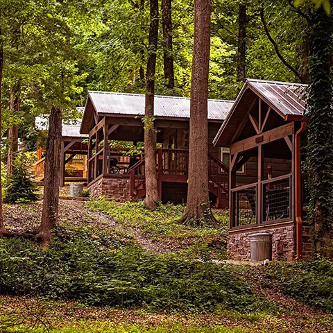 Image of tiny cabins at Wauhatchie Woodlands, a Timberroot Rustic Resort in Chattanooga, TN